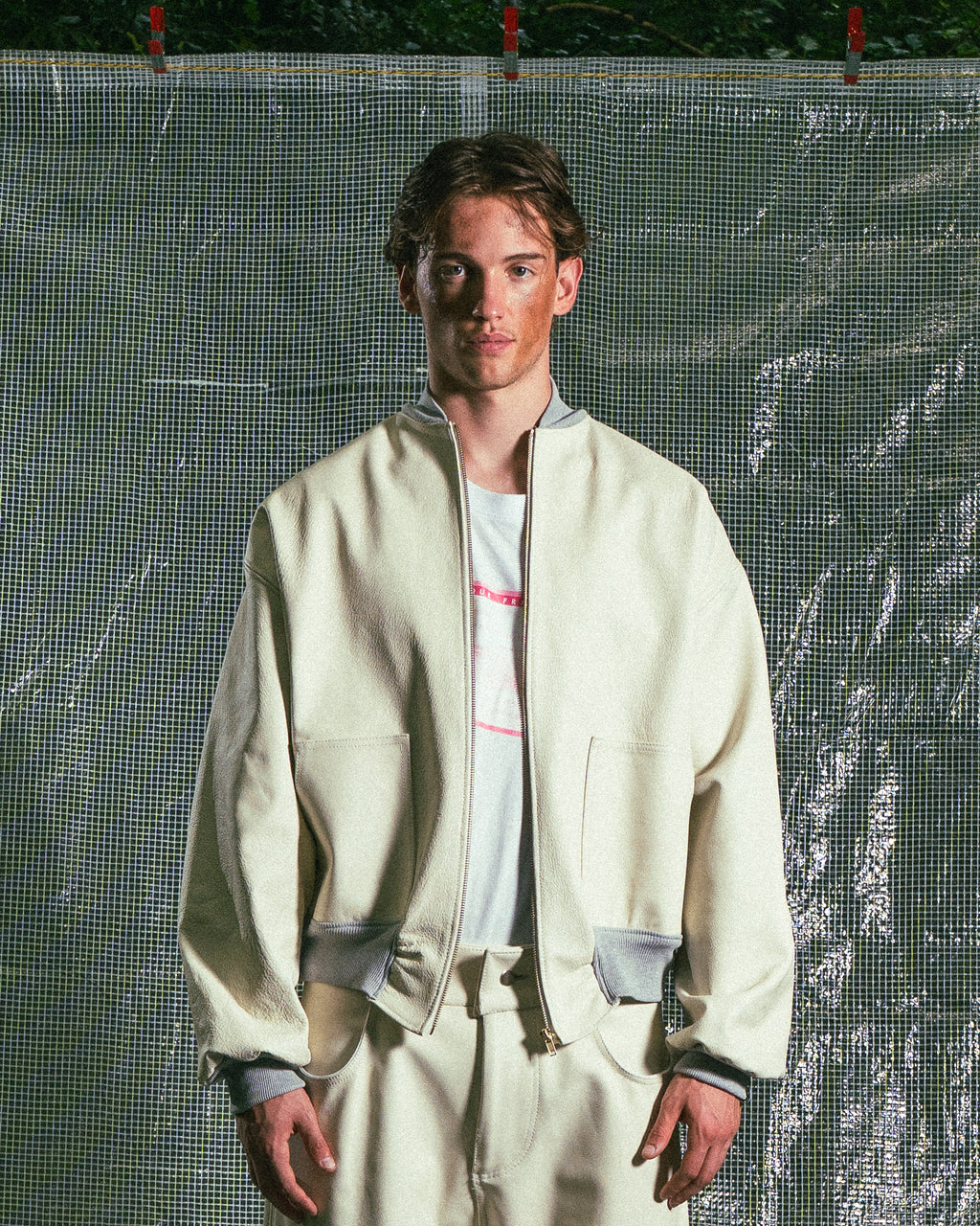 Veste en Cuir Véritable Crème