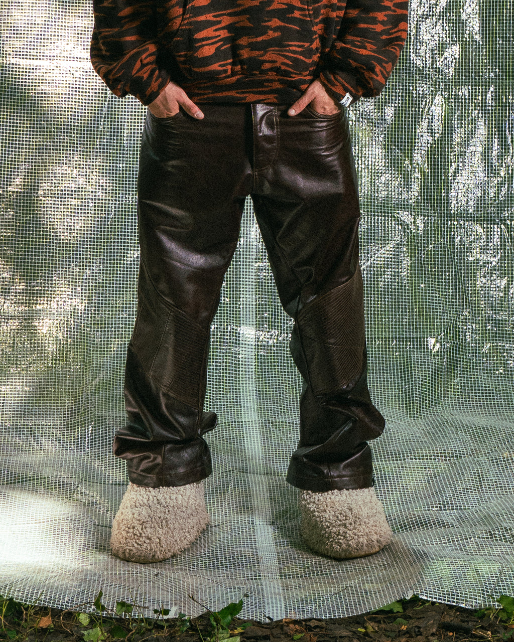 Pantalon en Cuir Véritable Marron Effet Vernis