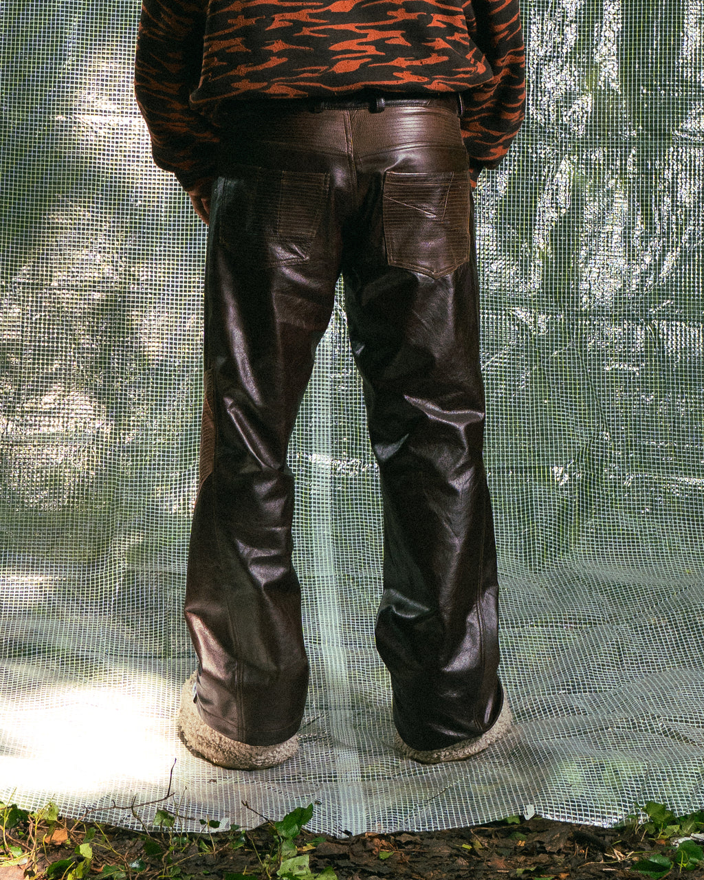 Pantalon en Cuir Véritable Marron Effet Vernis
